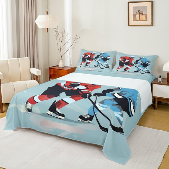 Homewish Ice Hockey Bed Sheets,Ball Game Gaming King Sheets,Red Blue Sheet Set For Boys Teens,Ultra Soft Home Decor,4pcs