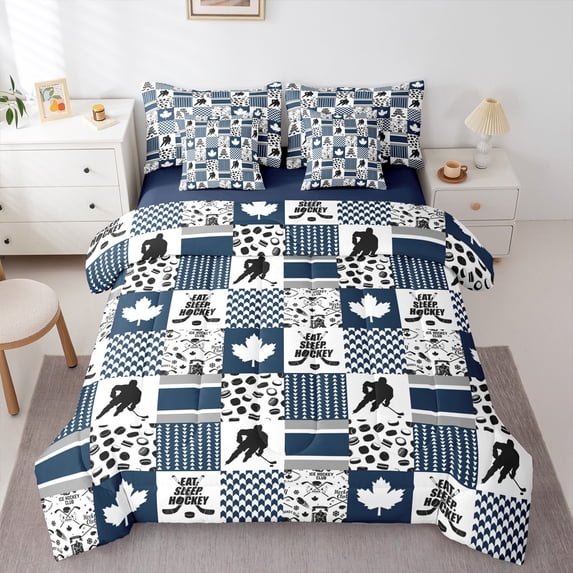 Homewish Ice Hockey 7-Piece Queen Bedding Set - Sport Gamer Blue White Plaid