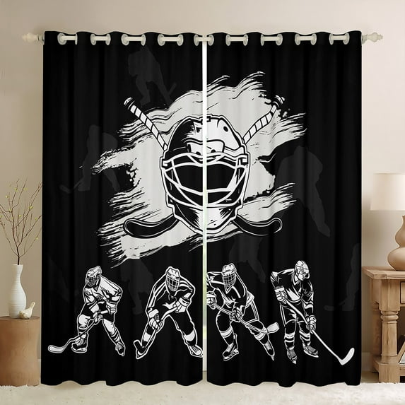 Homewish Ice Hockey Blackout Curtains Set of 2 (52x84 Each),Boys Ball Game Window Curtains,Gray Black Curtains and Drapes For Boys Teens,Ultra Soft Home Decor