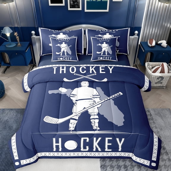 Homewish Ice Hockey City 7-Piece Twin Bedding Sets,Hockey Stick Bedding Comforter Set,Blue White Sheet Sets For Boys,Ultra Soft Bedroom Decorative Reversible
