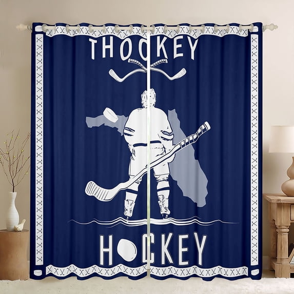 Homewish Ice Hockey City Black Out Curtains,Hockey Stick Curtains Pack of 2 (42x63 Each),Blue White Bedroom Curtains For Boys,Ultra Soft Bedroom Decorative