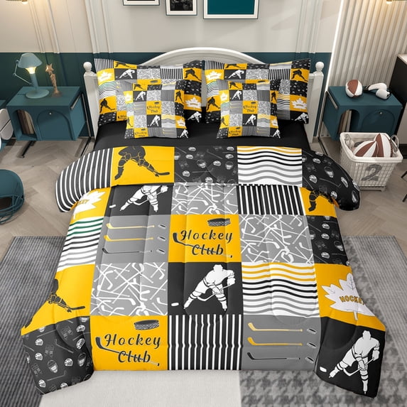 Homewish Ice Hockey Club Bedding Comforter Set 7pcs for Kids, Fashion Stripes Lines Queen Bedding Sets, Modern Sports Athlete Reversible Queen Sheet Sets, Ultra Soft Bedroom Decor