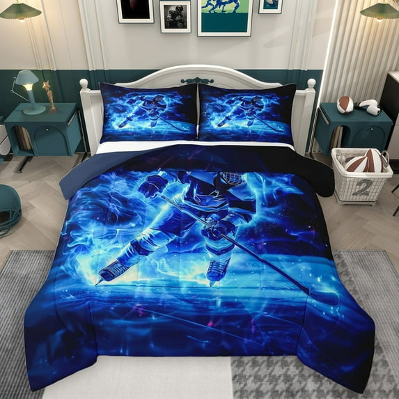 Homewish Ice Hockey Full Size Comforter Sets 3-Piece for Kids Teens Adults,Sport Gamer Bedding Comforter Set,Blue Black Lightweight Bedding Sets,Breathable Home Decor,Reversible