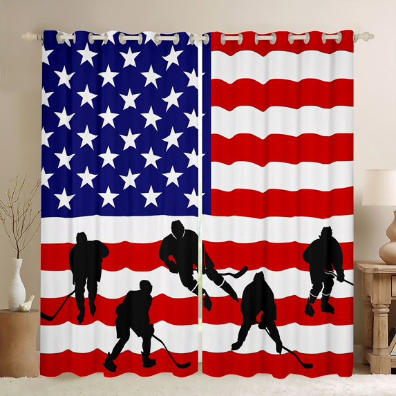 Homewish Ice Hockey Game Blackout Curtains Set of 2 (52x84 Each),American Flag Window Curtains,Red Blue White Curtains and Drapes For Boys Kids,Luxury Bedroom Decor