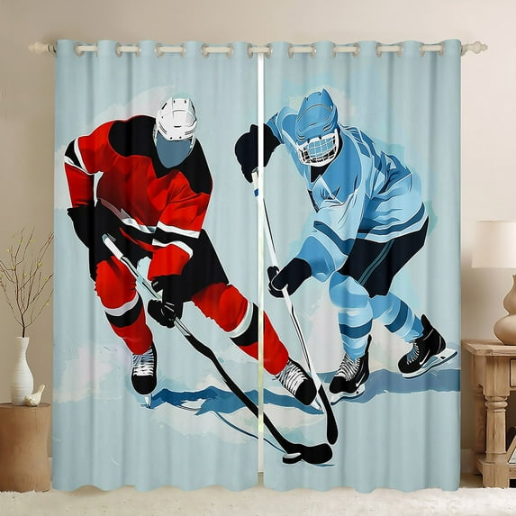 Homewish Ice Hockey Game Blackout Curtains Set of 2 (52x84 Each),Ball Sport Window Curtains,Red Blue Curtains and Drapes For Boys Kids,Super Cozy Room Decor