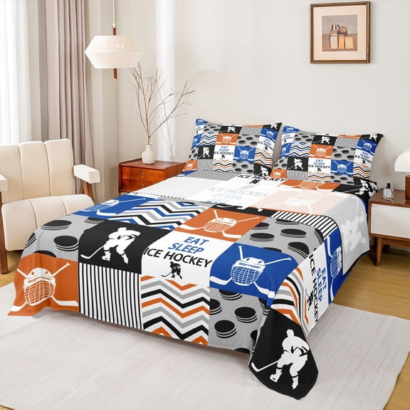 Homewish Ice Hockey Game Twin Sheet Sets,Ball Sport Lovers Twin Fitted Sheet,Geometric Waves Striped Lines Flat Sheet For Boys,Microfiber Bedroom Decor,3pcs