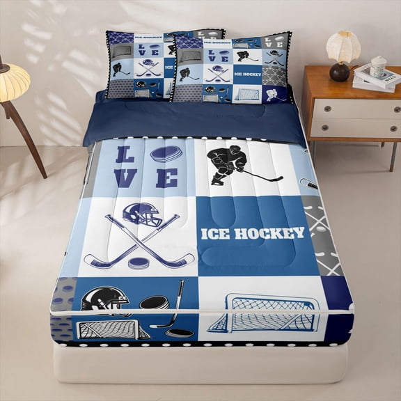Homewish Ice Hockey Kids Zipper Twin Comforter Sets with Fitted Sheet and 2 Pillowcases, Cartoon Patchwork Zipper Bedding Set, Navy Reversible, 4pcs