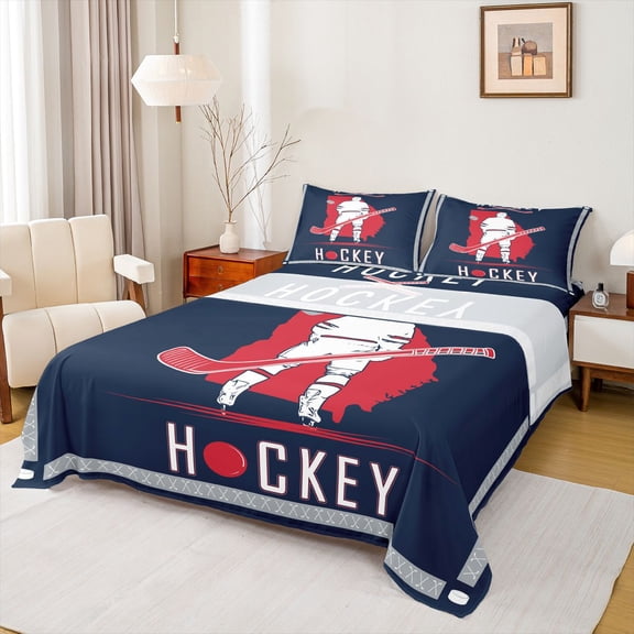 Homewish Ice Hockey Lover Bed Sheets,Hockey Stick King Sheets,Red Deepblue Sheet Set For Boys,4 Pieces