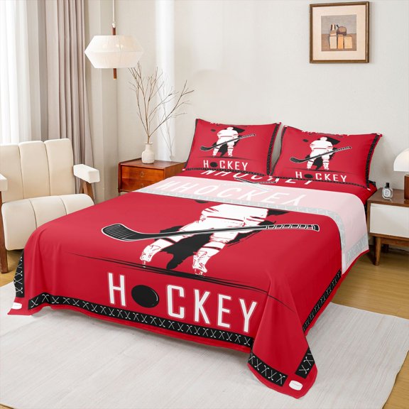 Homewish Ice Hockey Lover Bed Sheets,Sport City King Sheets,White Red Black Sheet Set For Boys,Ultra Soft Bedroom Decorative,4pcs