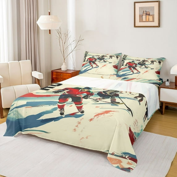 Homewish Ice Hockey Lover Bed Sheets,Watercolor Graffiti King Sheets,Beige Teal Sheet Set For Girls Kids,Super Cozy Room Decor,4pcs