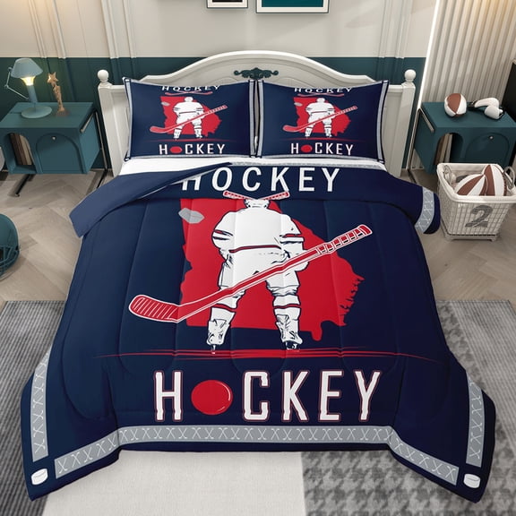 Homewish Ice Hockey Lover Bedding Comforter Set,Hockey Stick Twin Comforter Sets,Red Deepblue Bedding Set For Boys,Ultra Soft Bedroom Decorative Reversible,2 Pieces