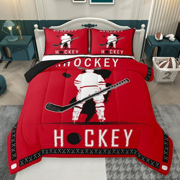 Homewish Ice Hockey Lover Bedding Comforter Set,Sport City Twin Comforter Sets,White Red Black Bedding Set For Boys,Ultra Soft Bedroom Decorative Reversible,2pcs