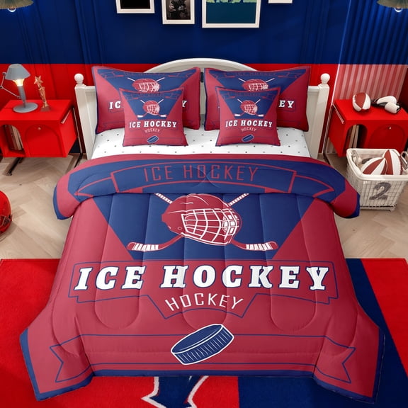 Homewish Ice Hockey Lovers 7-Piece Twin Bedding Sets,Ball Sport Bedding Comforter Set,Blue Red Sheet Sets For Teens,Breathable Home Decor Reversible
