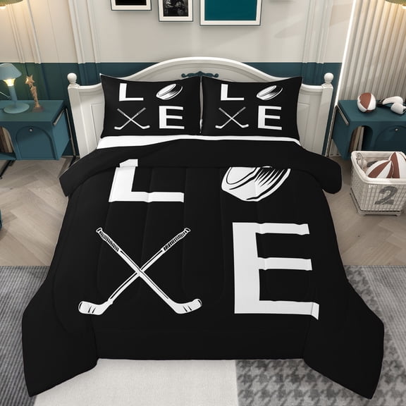 Homewish Ice Hockey Lovers Bedding Comforter Set,Ball Sport Game Twin Comforter Sets,White Black Bedding Set For Teens,Luxury Bedroom Decor Reversible,2pcs