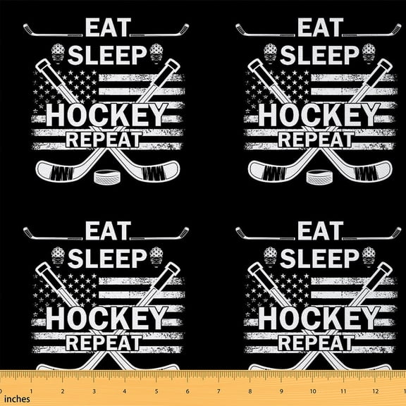 Homewish Ice Hockey Player Fabric by the Yard 1 Yard, Black White American Flag Room Decor Fabric by the Yard, Eat Sleep Sport Sewing Fabric, Microfiber Bedroom Decor