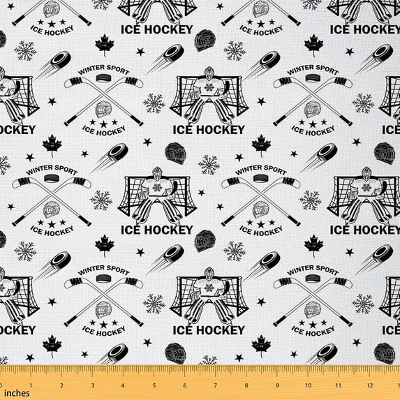 Homewish Ice Hockey Player Fabric by the Yard 1 Yard for Teens, Sports Print Room Decor Fabric by the Yard, Cartoon Snowflake Sewing Fabric, Microfiber Bedroom Decor