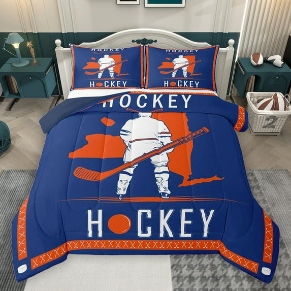 Homewish Ice Hockey Queen Comforter Set,Sport City Bedding Sets,Orange Blue Bedding Comforter Set For Boys,Ultra Soft Bedroom Decorative Reversible,3-Piece