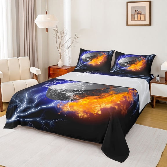 Homewish Ice Hockey Sport Twin Sheet Sets,Ball Game Theme Twin Fitted Sheet,Orange Black Blue Flat Sheet For Boys Kids,Ultra Soft Home Decor,3pcs