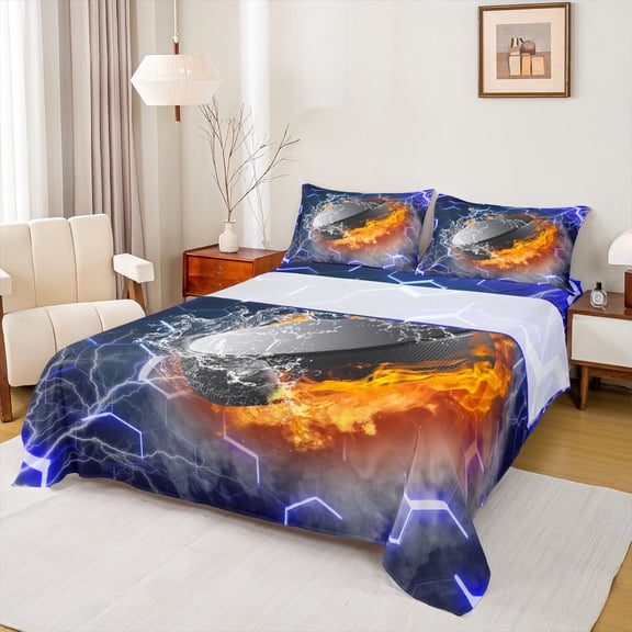 Homewish Ice Hockey Sport Twin Sheet Sets,Ball Game Twin Fitted Sheet,Blue Black Hexagon Flat Sheet For Boys Kids,Ultra Soft Home Decor,3-Piece