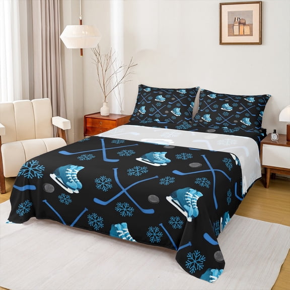 Homewish Ice Hockey Sport Twin Sheet Sets, Black Blue Ice Skates Twin Fitted Sheet, Cartoon Winter Snowflake Flat Sheet, Breathable Home Decor, 3 Pieces