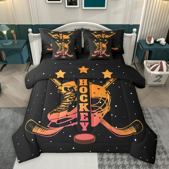 Homewish Ice Hockey Sports Bedding Comforter Set 7pcs for Kid, Sports Player Queen Bedding Sets, Black Orange Cartoon Theme Reversible Queen Sheet Sets, Luxury Bedroom Decor