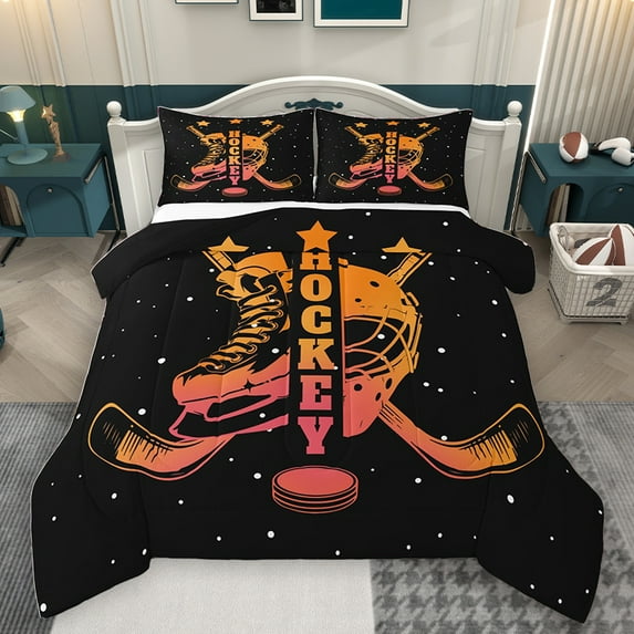 Homewish Ice Hockey Sports Full Size Comforter Sets for Kid, Sports Player Bedding Comforter Set, Black Orange Cartoon Theme Reversible Bedding Sets, Luxury Bedroom Decor, 3pcs