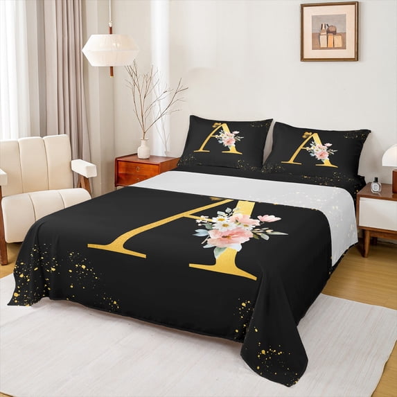 Homewish Initial A Letter Bed Sheets, Butterfly Rose Floral King Sheets, Black Gold Sequin Print Sheet Set, 4-Piece