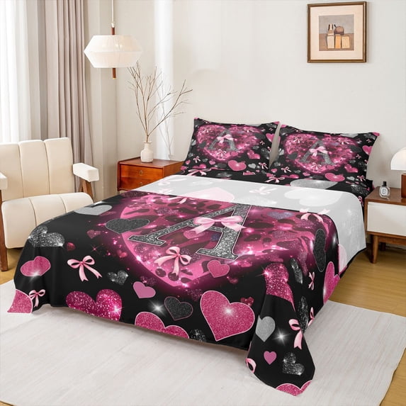 Homewish Initial A Letter Twin Sheet Sets, Kawaii Princess Bowknot Twin Fitted Sheet, Romantic Love Heart Flat Sheet, Breathable Home Decor, 3 Pieces