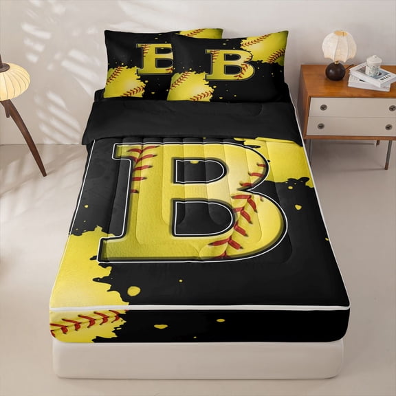 Homewish Initial Alphabet B Zipper Twin Comforter Sets with Fitted Sheet and 2 Pillowcases,Baseball Ball Games Zipper Bedding Set For Kids Boys,Black Reversible,4 Pieces
