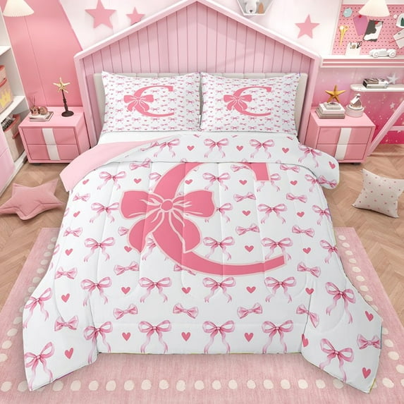 Homewish Initial Alphabet D Girl 3 Pieces Queen Comforter Set,Kawaii Pink Bowtie Ultra Soft Bedding Sets,Dreamy Princess Bedding Comforter Set,Super Cozy Room Decor,Reversible