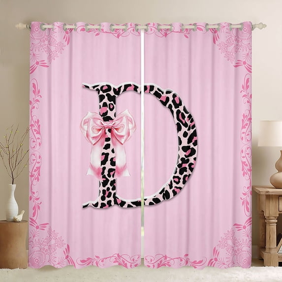 Homewish Initial Alphabet D Girl Curtains Pack of 2 (42x84 Each),Animal Leopard Cheetah Print Curtains Blackout,Kawaii Pink Bowtie Bedroom Curtains,Super Cozy Room Decor