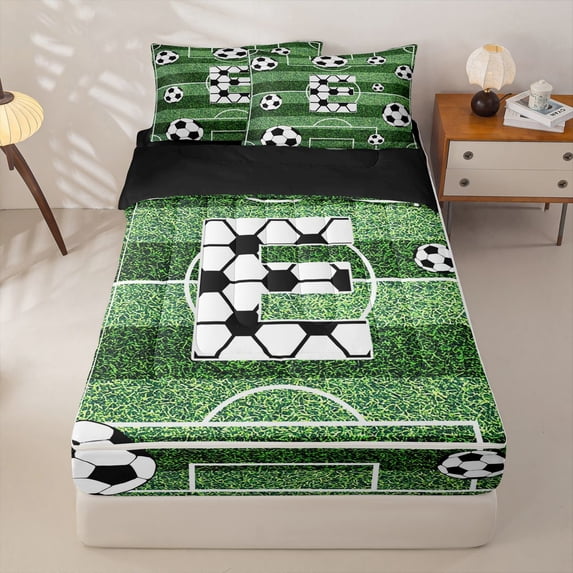 Homewish Initial Alphabet E Zipper Full Size Comforter Sets with Fitted Sheet and 2 Pillowcases,Football Sport Theme Kids Zipper Bedding Set For Soccer Gamer,Black Reversible,4 Pieces