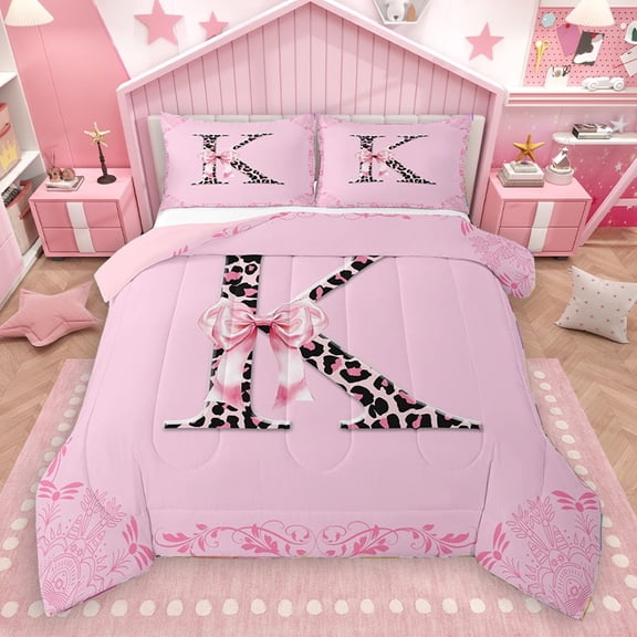Homewish Initial Alphabet K Girl 2pcs Bedding Comforter Set,Animal Leopard Cheetah Print Twin Comforter Sets,Kawaii Pink Bowtie Breathable Bedding Set,Super Cozy Room Decor,Reversible