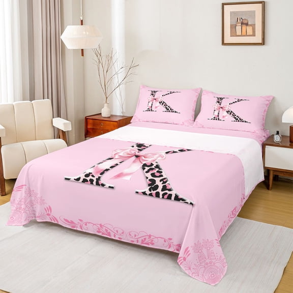Homewish 4-Piece King Sheet Set, K Initial Animal Leopard Cheetah Print, Kawaii Pink Bowtie Cozy Bedding