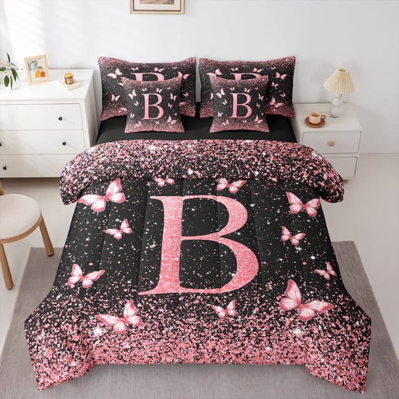 Homewish Initial B Letter Twin Bedding Sets 7-Piece, Black Pink Sequin Print Bedding Comforter Set, Romantic Butterfly Animal Reversible Sheet Sets, Ultra Soft Bedroom Decor