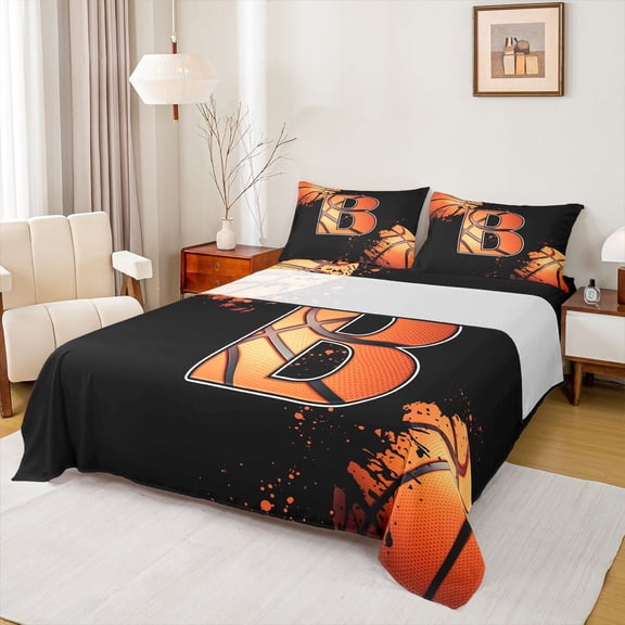 Homewish Initial B Letter Twin Sheet Sets for Kids, Cartoon Basketball Sport Twin Fitted Sheet, Black Orange Flat Sheet, Ultra Soft Bedroom Decor, 3-Piece