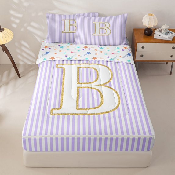 Homewish Initial B Zipper Full Size Comforter Sets with Fitted Sheet and 2 Pillowcases for Kid, Fashion Abstract Line Zipper Bedding Set, Stars Reversible, 4 Pieces