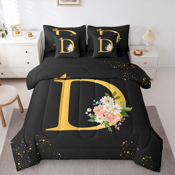 Homewish Initial D Letter Bedding Comforter Set 7-Piece, Butterfly Rose Floral King Bedding Sets, Black Gold Sequin Print Reversible Bed Sheets, Breathable Home Decor