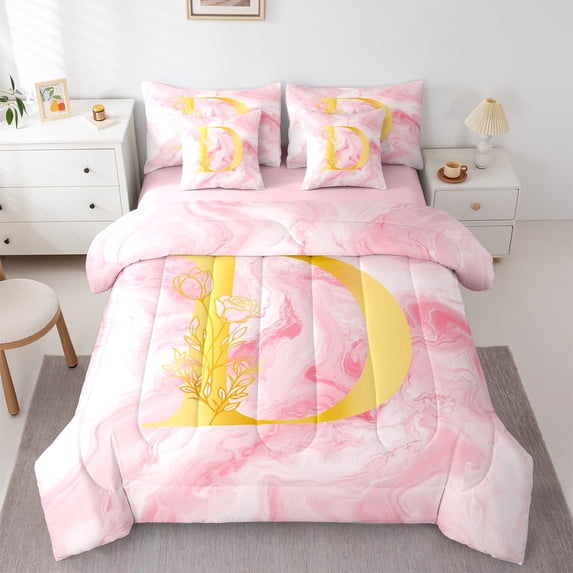 Homewish Initial D Letter Bedding Comforter Set 7 Pieces for Girls, Romantic Gold Rose Full Bedding Set, Pink Marble Watercolor Reversible Fitted Sheet Flat Sheet, Luxury Bedroom Decor