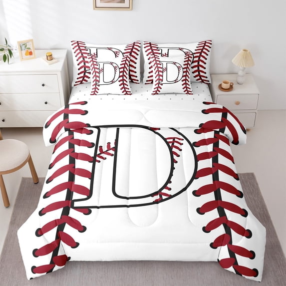 Homewish Initial D Letter Bedding Comforter Set 7pcs for Teen, Baseball Sports Lover Queen Bedding Sets, Cartoon Ball Print Reversible Queen Sheet Sets, Ultra Soft Bedroom Decor