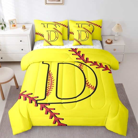 Homewish Initial D Letter Bedding Comforter Set 7pcs for Teen, Baseball Sports Lover Queen Bedding Sets, Cartoon Softball Print Reversible Queen Sheet Sets, Lightweight Room Decor