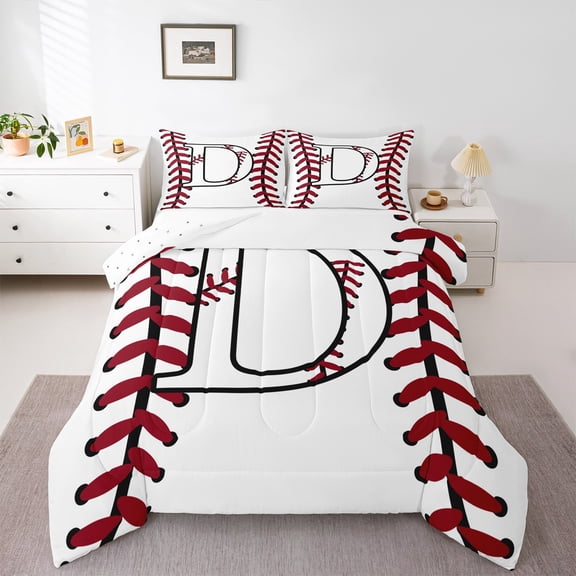Homewish Initial D Letter Bedding Comforter Set for Teen, Baseball Sports Lover Twin Comforter Sets, Cartoon Ball Print Reversible Bedding Set, Ultra Soft Bedroom Decor, 2pcs