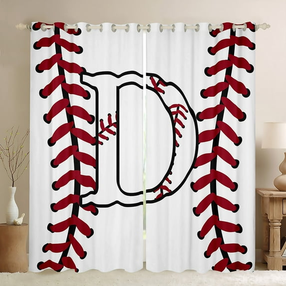 Homewish Initial D Letter Blackout Curtains Set of 2 (52x84 Each) for Teen, Baseball Sports Lover Window Curtains, Cartoon Ball Print Curtains and Drapes, Blackout Curtains Decor