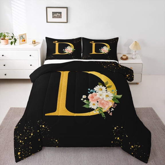 Homewish Initial D Letter Full Size Comforter Sets, Butterfly Rose Floral Bedding Comforter Set, Black Gold Sequin Print Reversible Bedding Sets, Breathable Home Decor, 3-Piece
