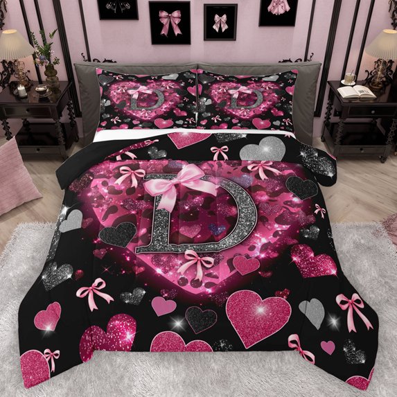 Homewish Initial D Letter Full Size Comforter Sets, Kawaii Princess Bowknot Bedding Set, Romantic Love Heart Reversible Lightweight Room Decor, 3 Pieces