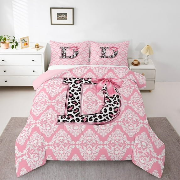 Homewish Initial D Letter Queen Comforter Set for Kids, Bohemian Damask Flower Bedding Sets, Pink Princess Bowknot Reversible Bedding Comforter Set, Breathable Home Decor, 3pcs