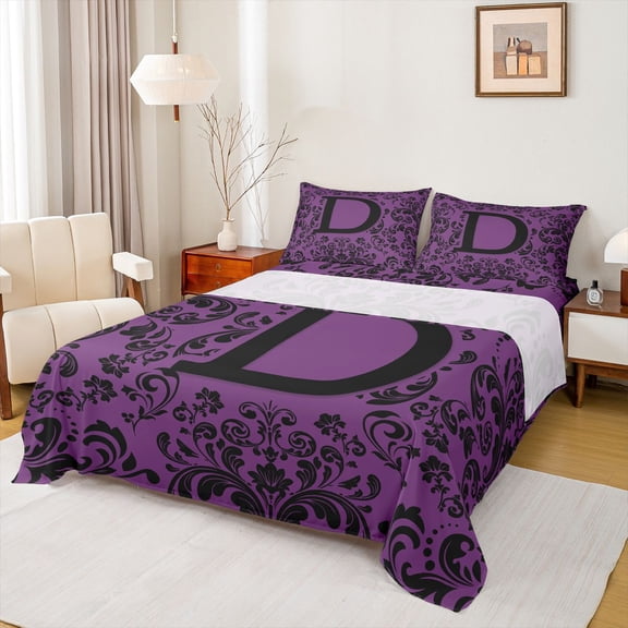 Homewish Initial D Letter Queen Sheet Sets, Western Mystic Damask Flat Sheet, Bohemian Mandala Style Queen Fitted Sheet, Ultra Soft Bedroom Decor, 4-Piece