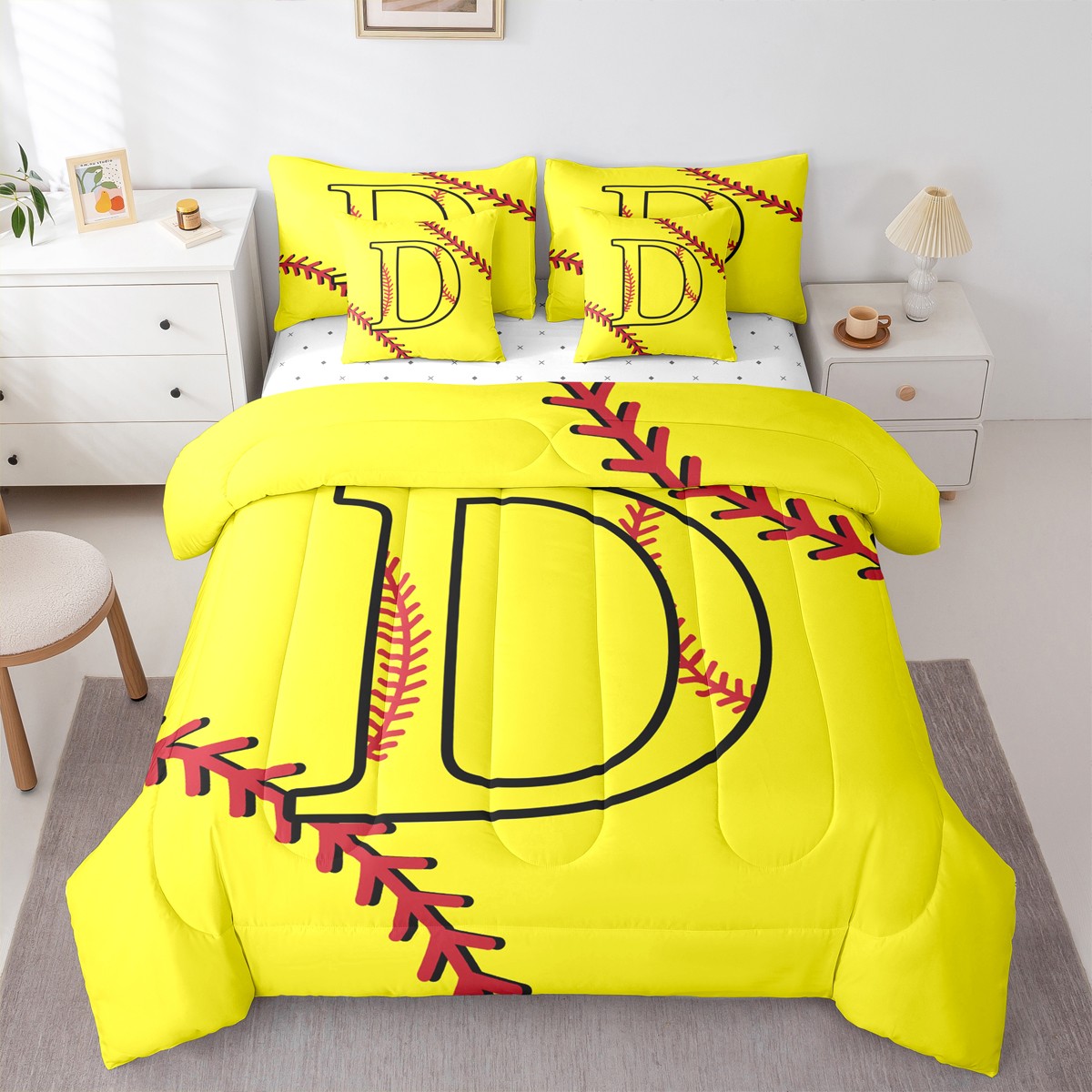 Homewish Initial D Letter Twin Bedding Sets 7-Piece for Teen, Baseball ...