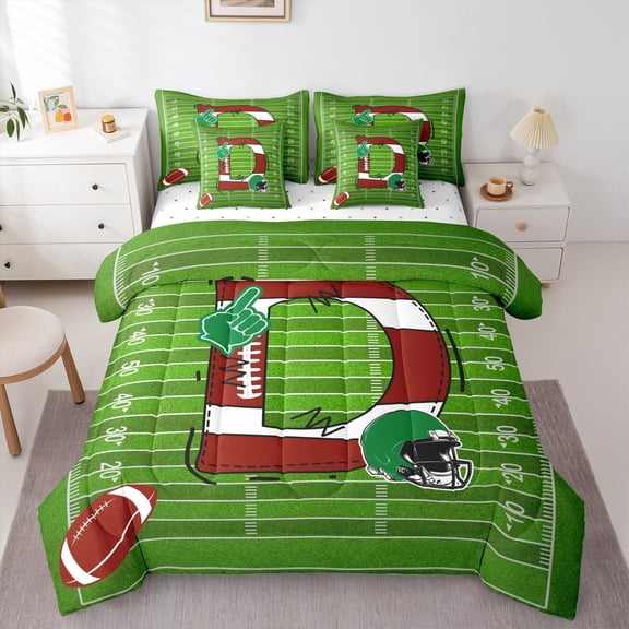 Homewish Initial D Letter Twin Bedding Sets 7-Piece for Teen, Rugby Helmet Sports Bedding Comforter Set, Cartoon Football Print Reversible Sheet Sets, Microfiber Bedroom Decor