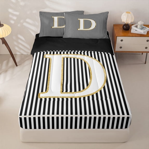 Homewish Initial D Letter Zipper Full Size Comforter Sets with Fitted Sheet and 2 Pillowcases for Kids, Abstract Lines Zipper Bedding Set, Black Reversible, 4-Piece